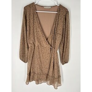 Abercrombie & Fitch Long Sleeve Plunge Wrap Mini Dress XL Sheer Camel Brown Dots